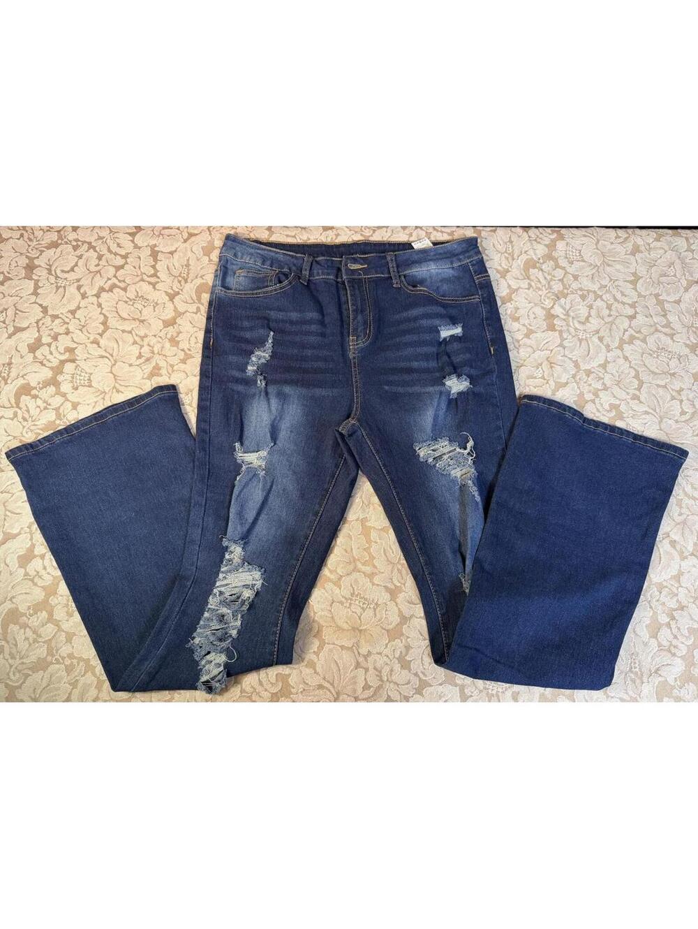 Shein Curve Distressed Dark Blue Flared Jeans SIZE 1XL W36 L31 R11